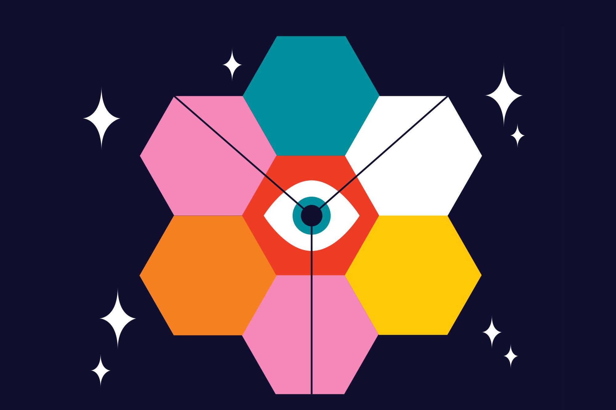 An illustration of the James Webb Space Telescope mirror array with an eye in the center.