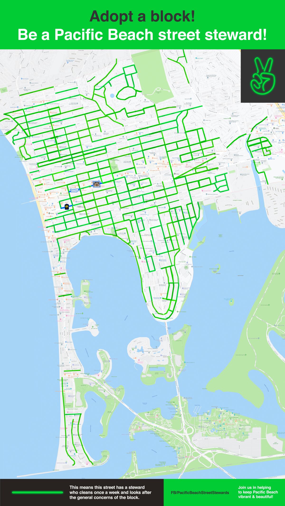 Volunteers can use the Street Stewards neighborhood map for Pacific Beach to choose streets to clean up.