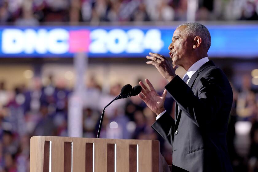 DNC CHICAGO, IL AUGUST 20, 2024 - Former President Barack Obama speaks during the Democratic National Convention Tuesday, Aug. 20, 2024, in Chicago. (Robert Gauthier/Los Angeles Times)