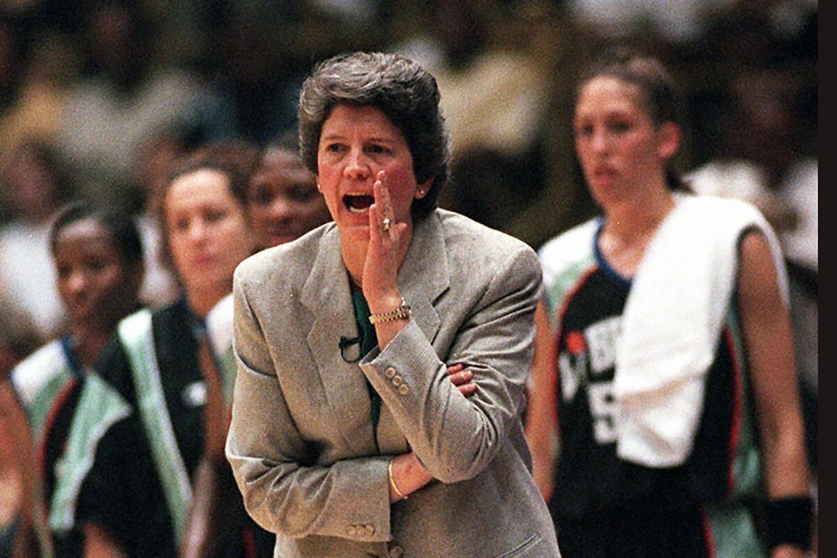 Nancy Darsch, then coaching the New York Liberty,  during the inaugural WNBA game against the L.A. Sparks in 1997.