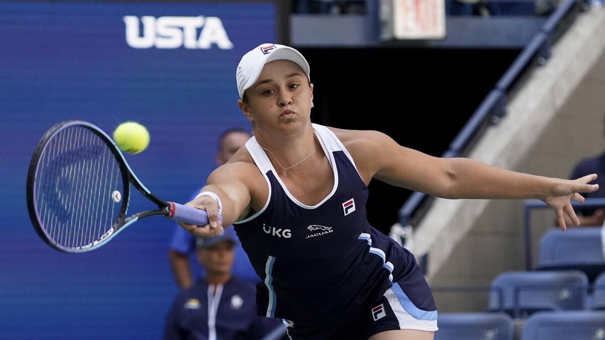 Ashleigh Barty returns a shot to Clara Tauson during the second round of the U.S. Open.