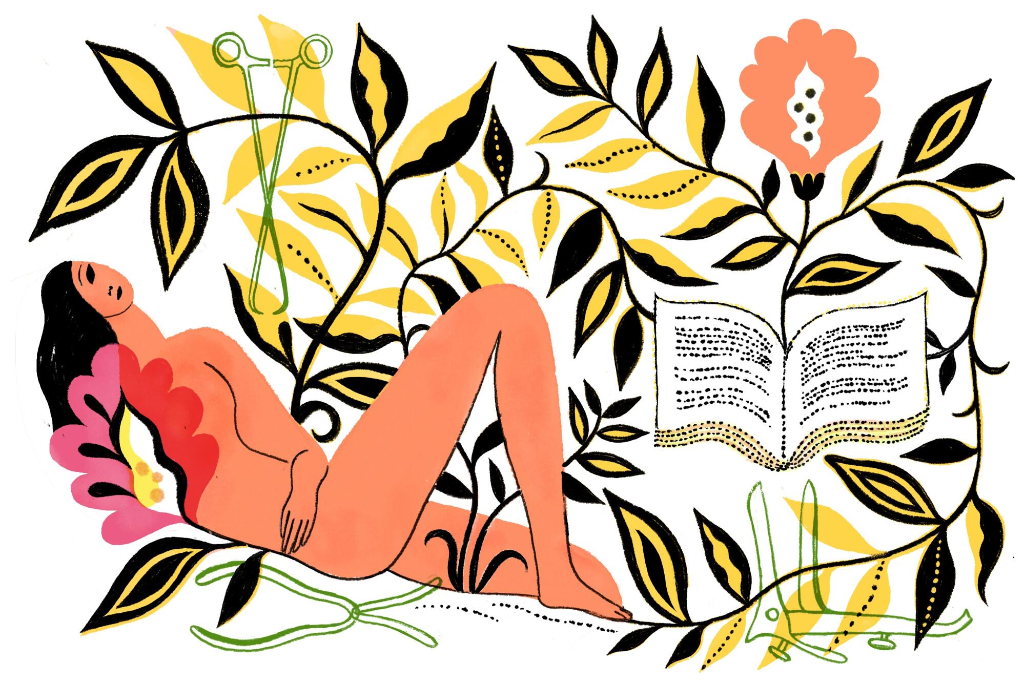 Illustration of a reclining figure surrounded by plants, flowers, a zine and gynecological tools.