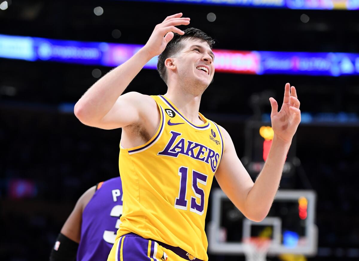 Lakers' Austin Reaves reacts after being fouled against the Phoenix Suns at Crypto.com Arena.