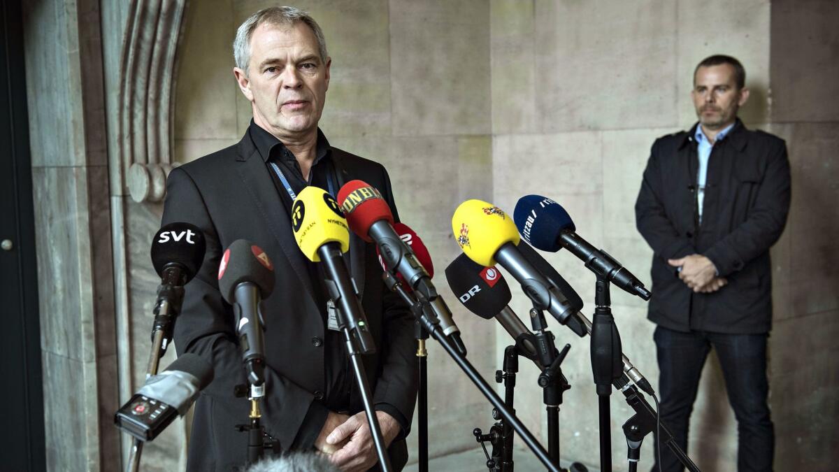 Police investigator Jens Moeller Jensen speaks to reporters Saturday in Copenhagen.