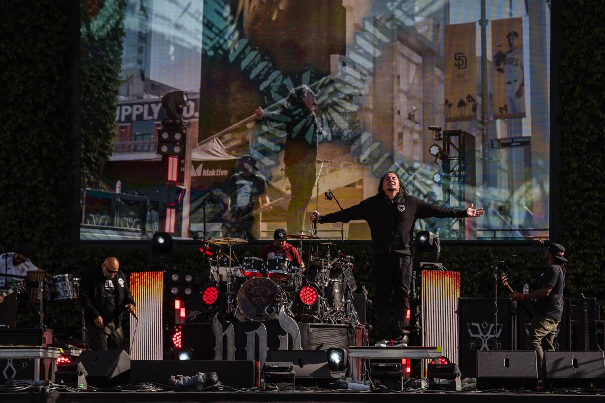 P.O.D (Payable on Death) performs in front of the cameras at Petco Park on April 14, 2021.