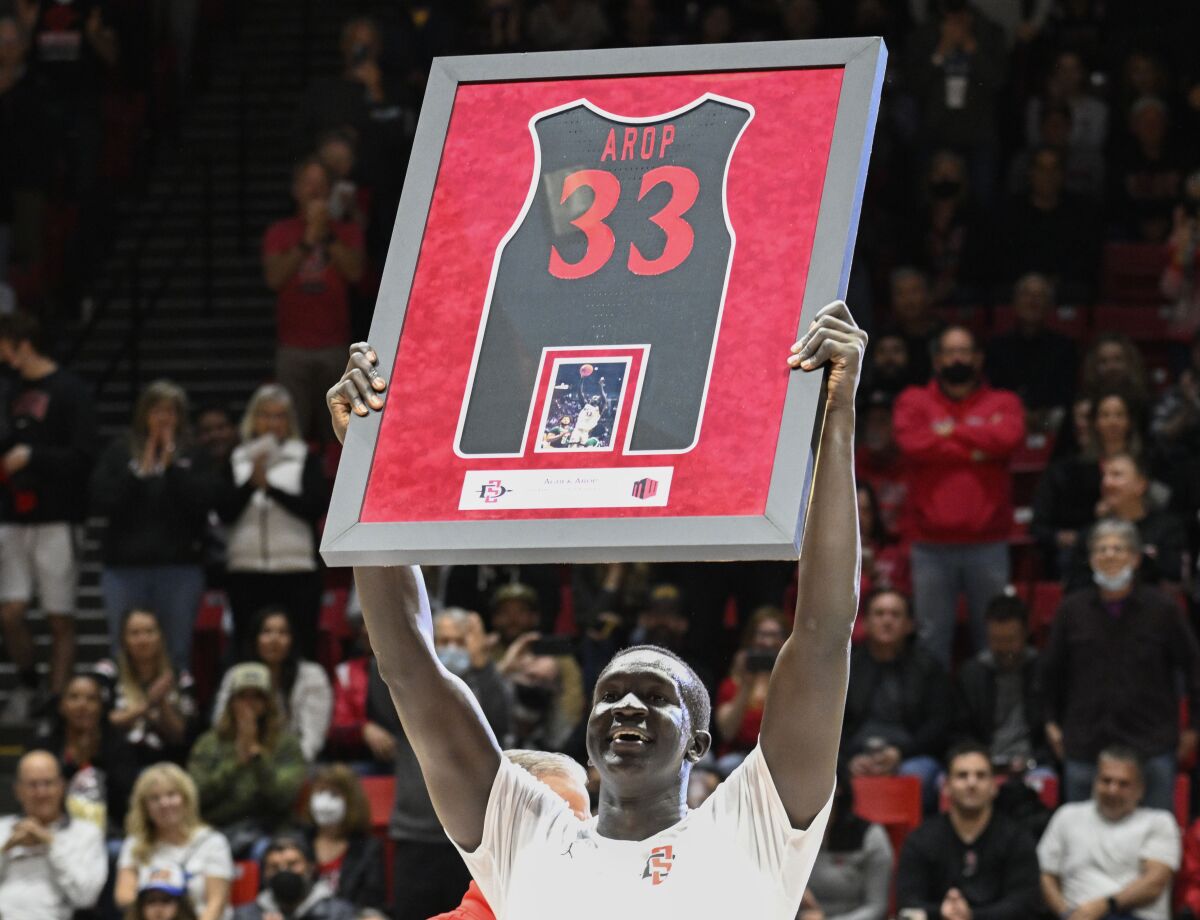 SDSU forward Aguek Arop (33) on Senior Night last March at Viejas Arena.