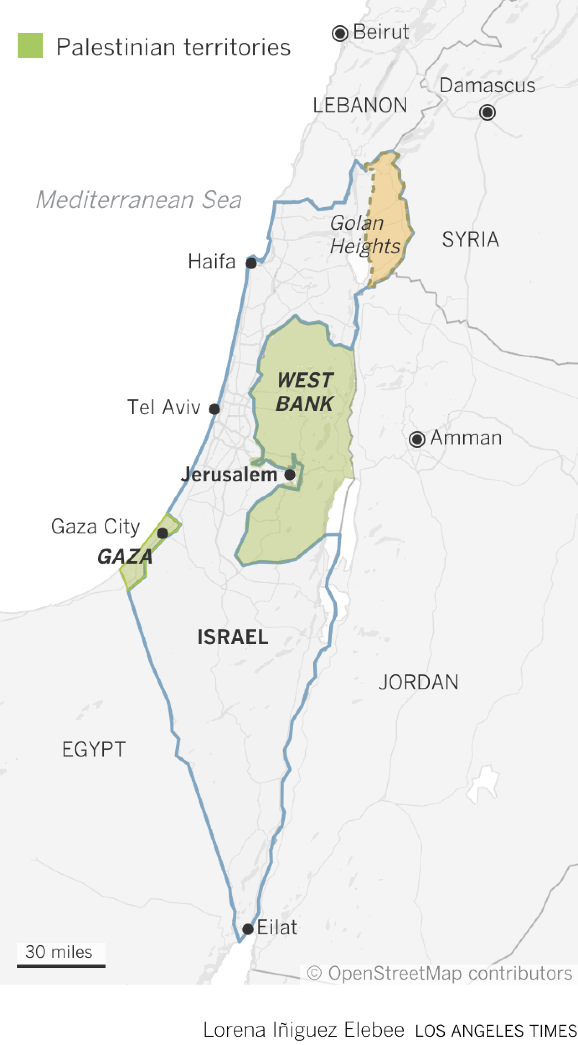 Map showing general location of Israel, Palestinian territories and Golan Heights. 