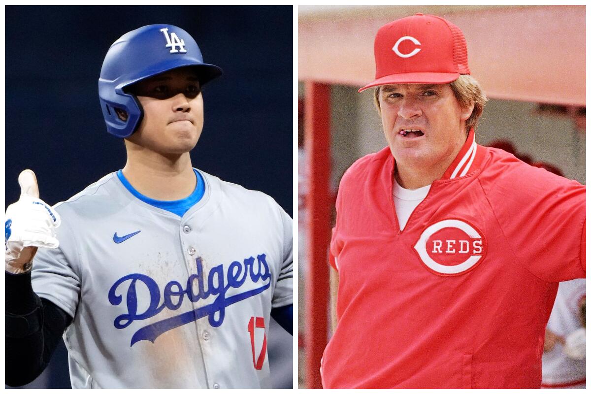 Side by side photos of Dodgers' Shohei Ohtani and Reds manager Pete Rose