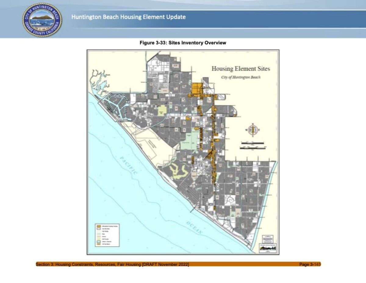 A map of the city of Huntington Beach, showing where the affordable housing units would be planned for in orange.