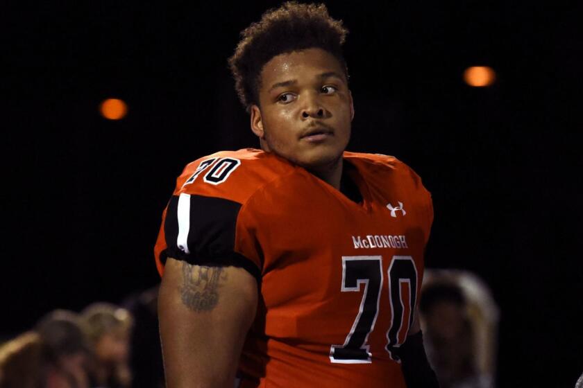 In a September 16, 2016, file image lineman Jordan McNair of McDonogh High School. Now with the University of Maryland, he died on Wednesday, June 13, 2018, two weeks after collapsing during a team workout. (Barbara Haddock Taylor/Baltimore Sun/TNS) ** OUTS - ELSENT, FPG, TCN - OUTS **