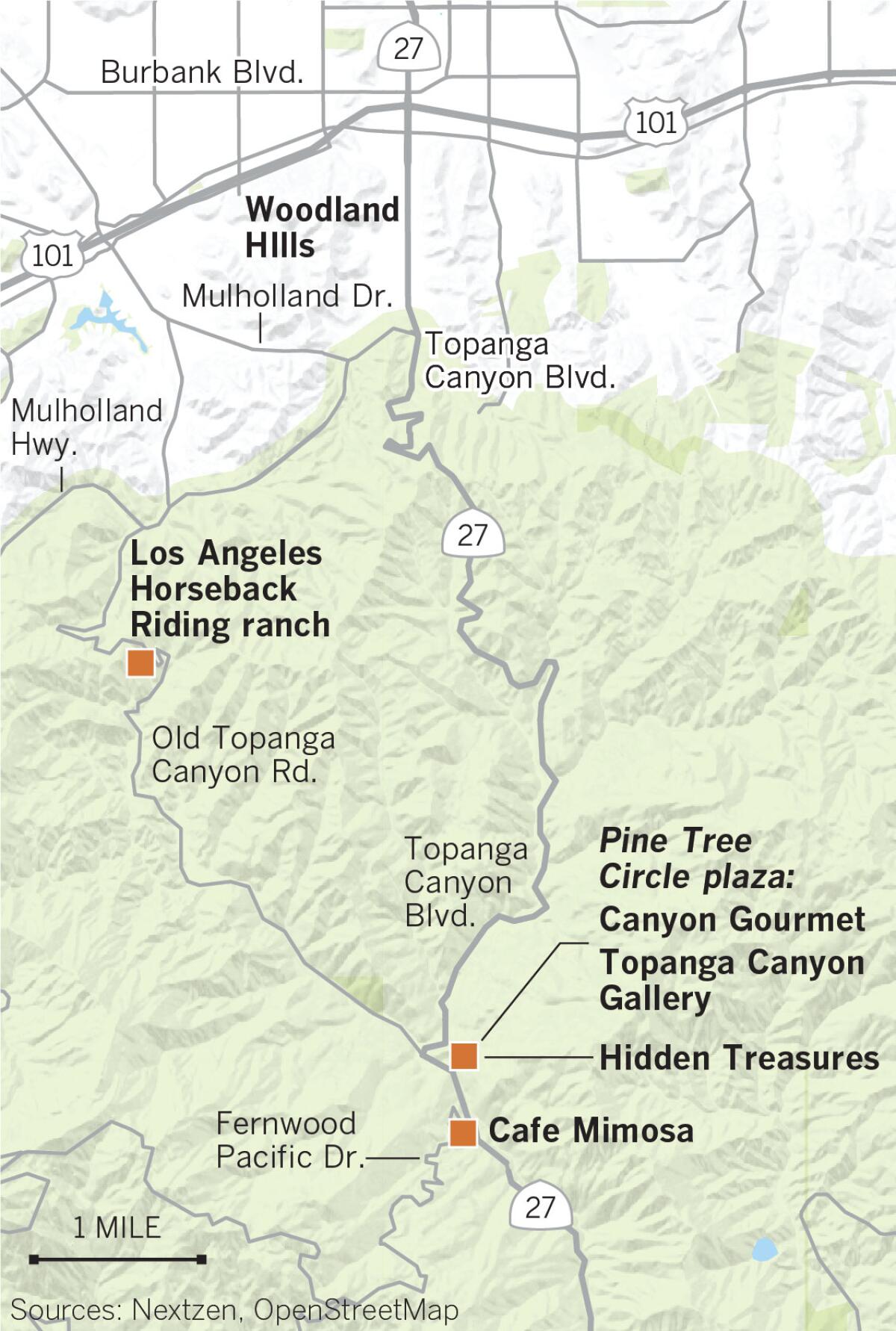 Map of Los Angeles Horseback Riding ranch, Pine Tree Circle Plaza, Hidden Treasures, Cafe Mimosa, Woodland Hills, Topanga Canyon Rd.