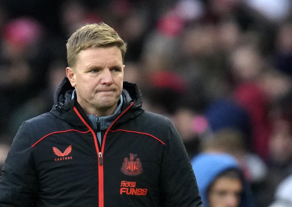 Newcastle's head coach Eddie Howe leaves the field after the English Premier League soccer match between Arsenal and Newcastle United at Emirates stadium in London, Saturday, Nov. 27, 2021. (AP Photo/Kirsty Wigglesworth)