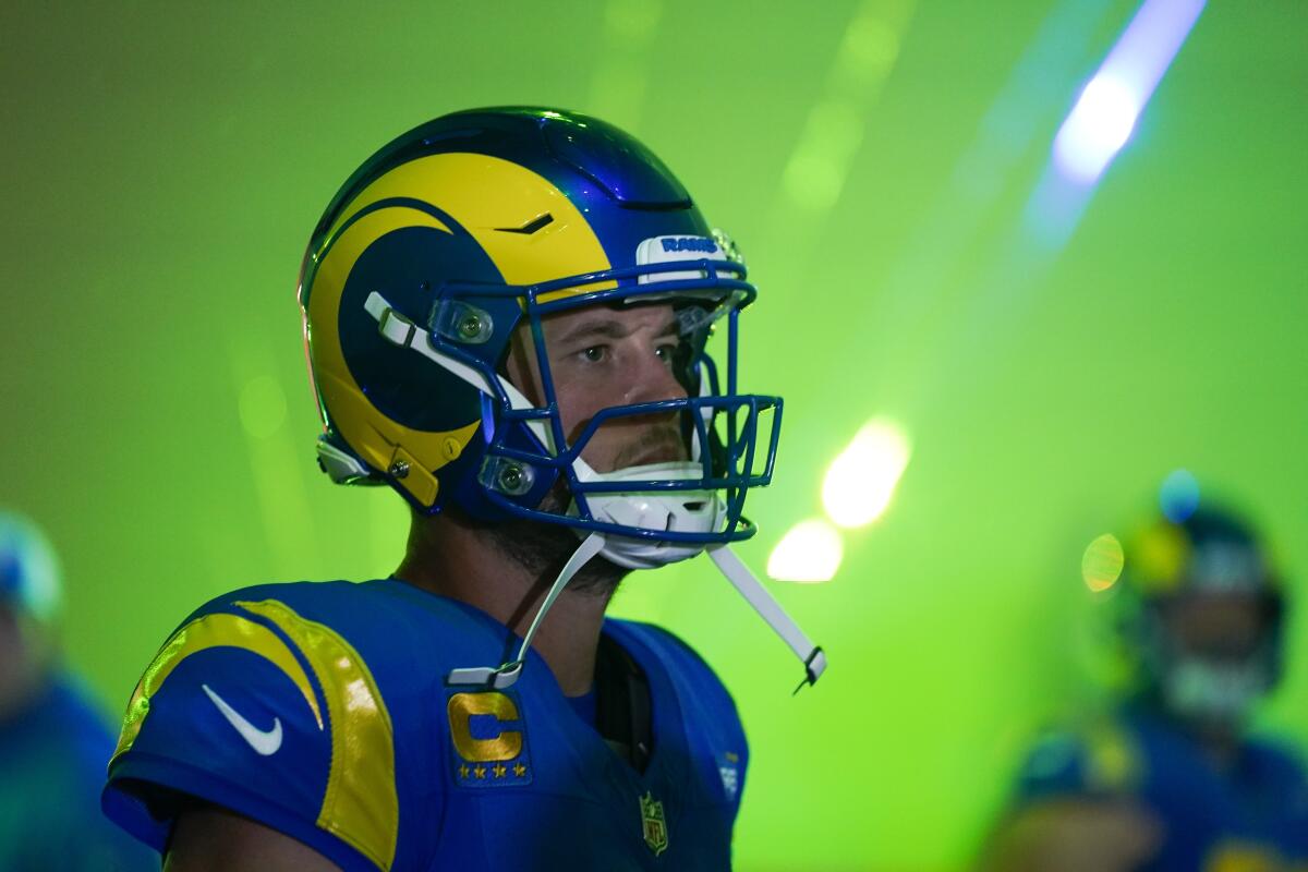 Rams quarterback Matthew Stafford waits to enter the field before a game against the Pittsburgh Steelers.