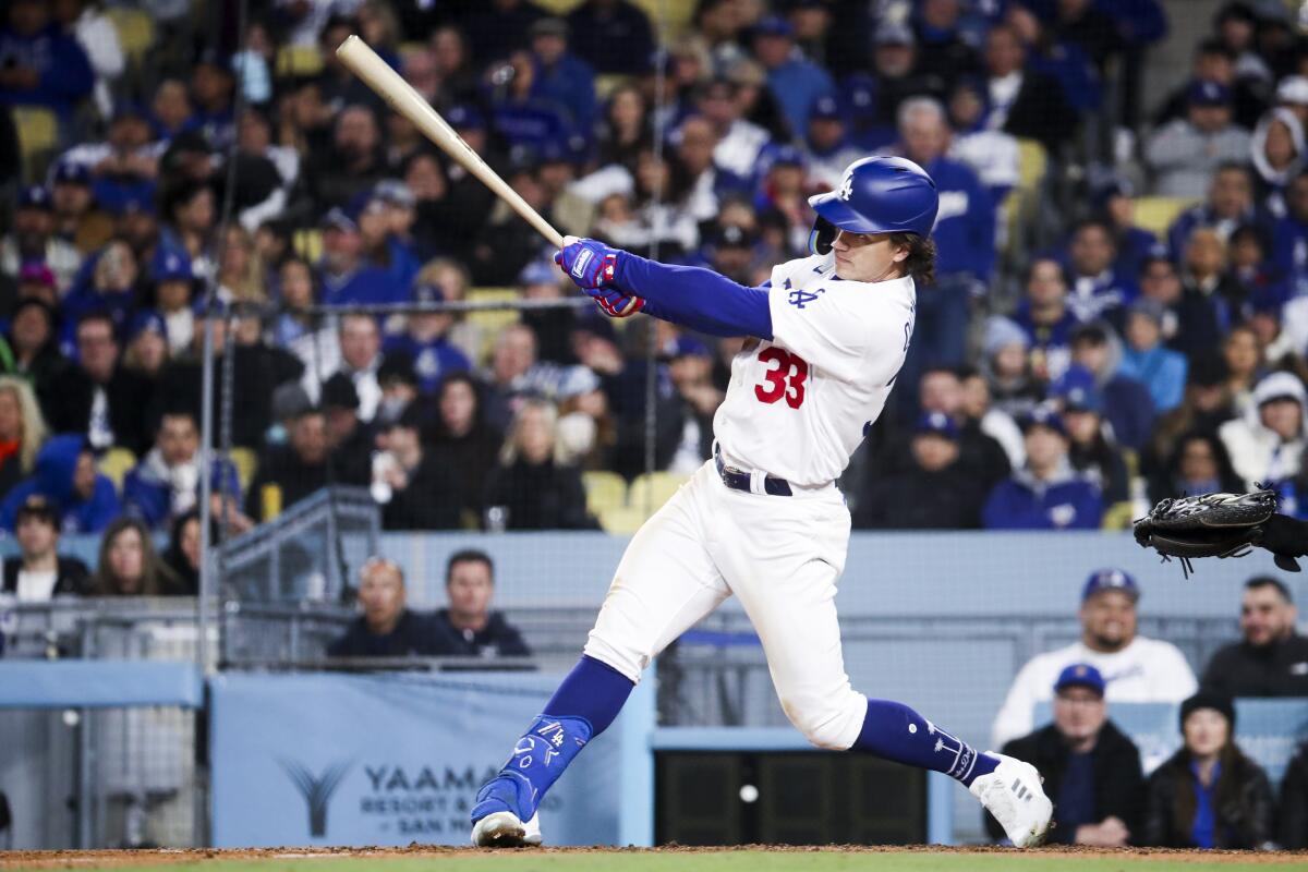 Los Angeles Dodgers' James Outman hits a home run against the Arizona Diamondbacks on March 20, 2023, at Dodger Stadium.