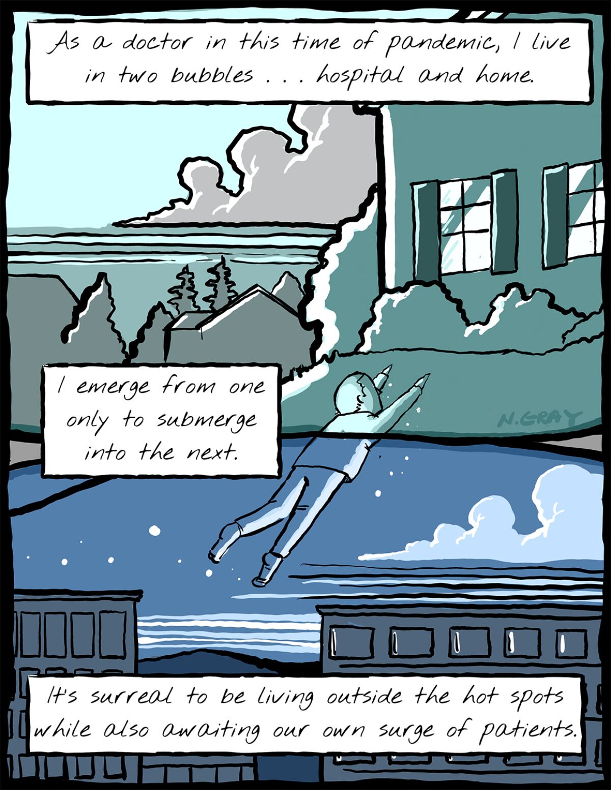 A series of nine illustrations by Nathan Gray for his April, 2020 Los Angeles Times op-ed on being a doctor in the time of the coronavirus pandemic. Gray is an assistant professor of medicine and palliative care at Duke University Center and an artist who draws comics on medical topics. (Nathan Gray / For The Times)
