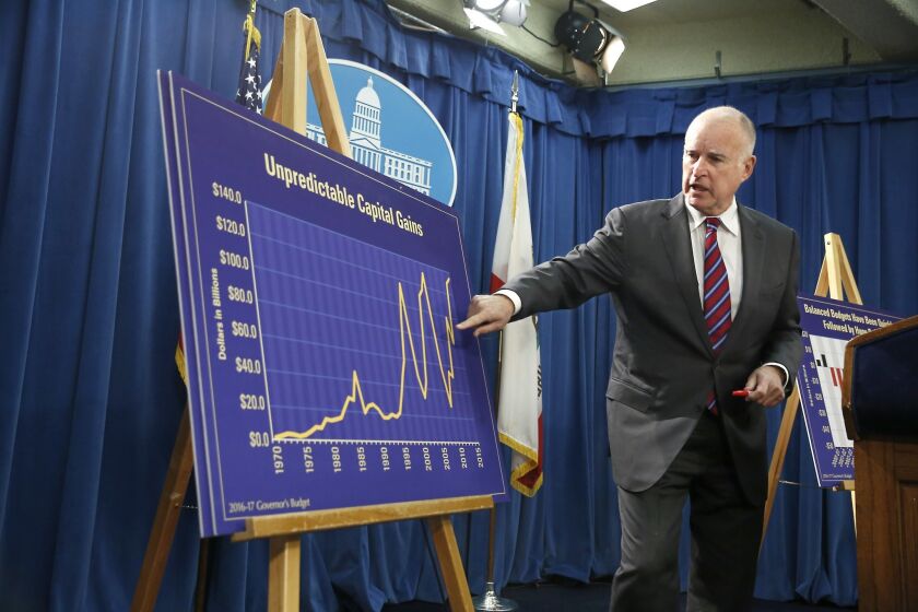 Gov. Jerry Brown gestures to a chart as he discusses his proposed 2016-17 state budget at a news conference Thursday, Jan. 7, 2016, in Sacramento, Calif. Brown proposed a sweeping $122.6 billion budget plan for California on Thursday that includes billions more in spending for education, health care and state infrastructure, increases the state rainy day fund to $8 billion and takes steps to pay down debts. (AP Photo/Rich Pedroncelli)