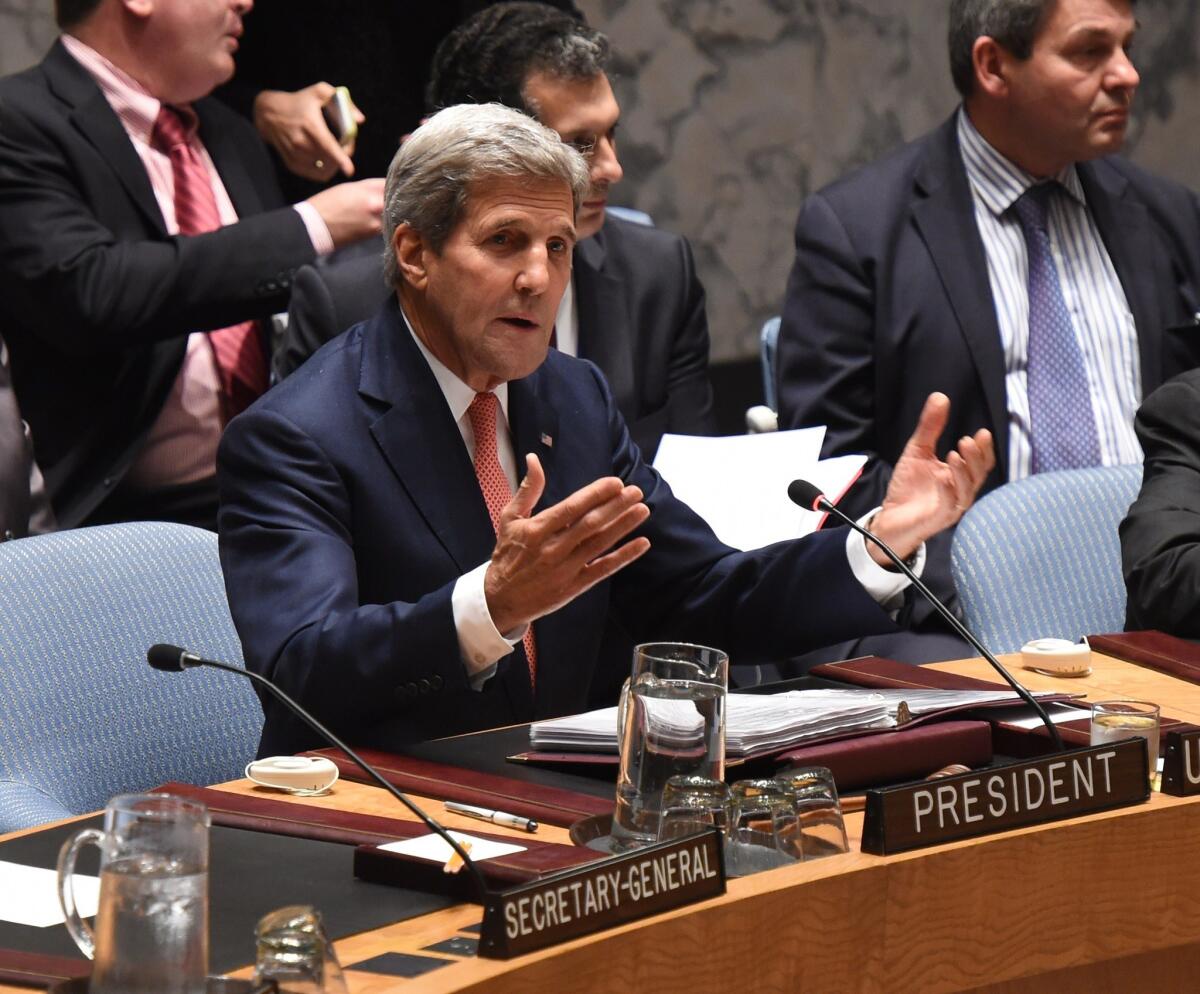 A group of Republican senators issued a letter pressing Secretary of State John F. Kerry, shown here chairing a meeting of the United Nations Security Council on Sept. 19, over details of nuclear negotiations with Iran.