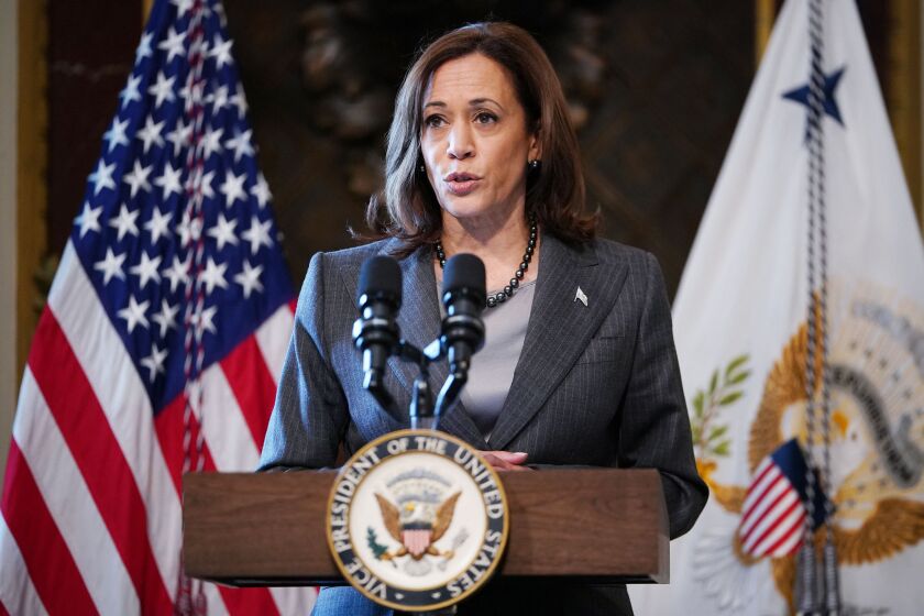US Vice President Kamala Harris speaks during a meeting with US government leaders and private sector representatives to address the root causes of migration from northern Central America, in the Indian Treaty Room of the Eisenhower Executive Office Building, next to the White House, in Washington, DC, on February 6, 2023. (Photo by Mandel NGAN / AFP) (Photo by MANDEL NGAN/AFP via Getty Images)
