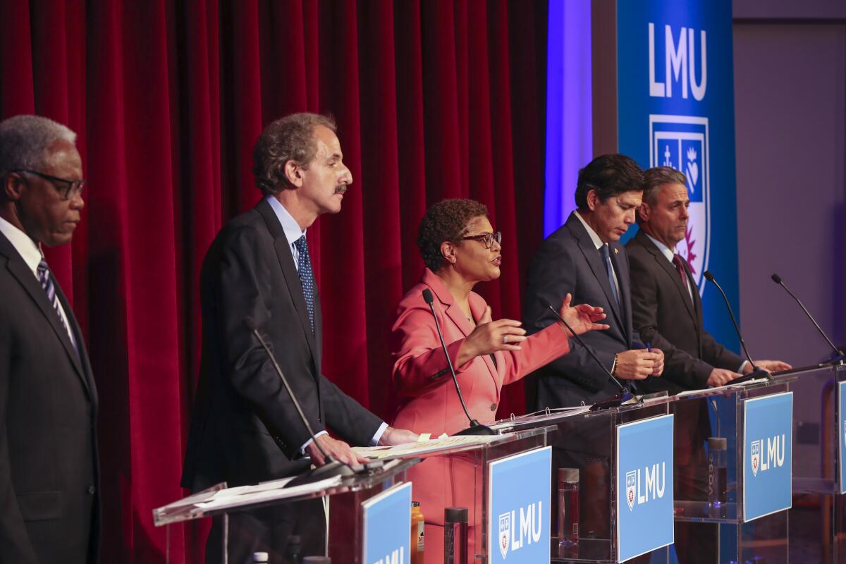 Debate participants from left: Mel Wilson, Mike Feuer, Karen Bass, Kevin de León and Joe Buscaino.