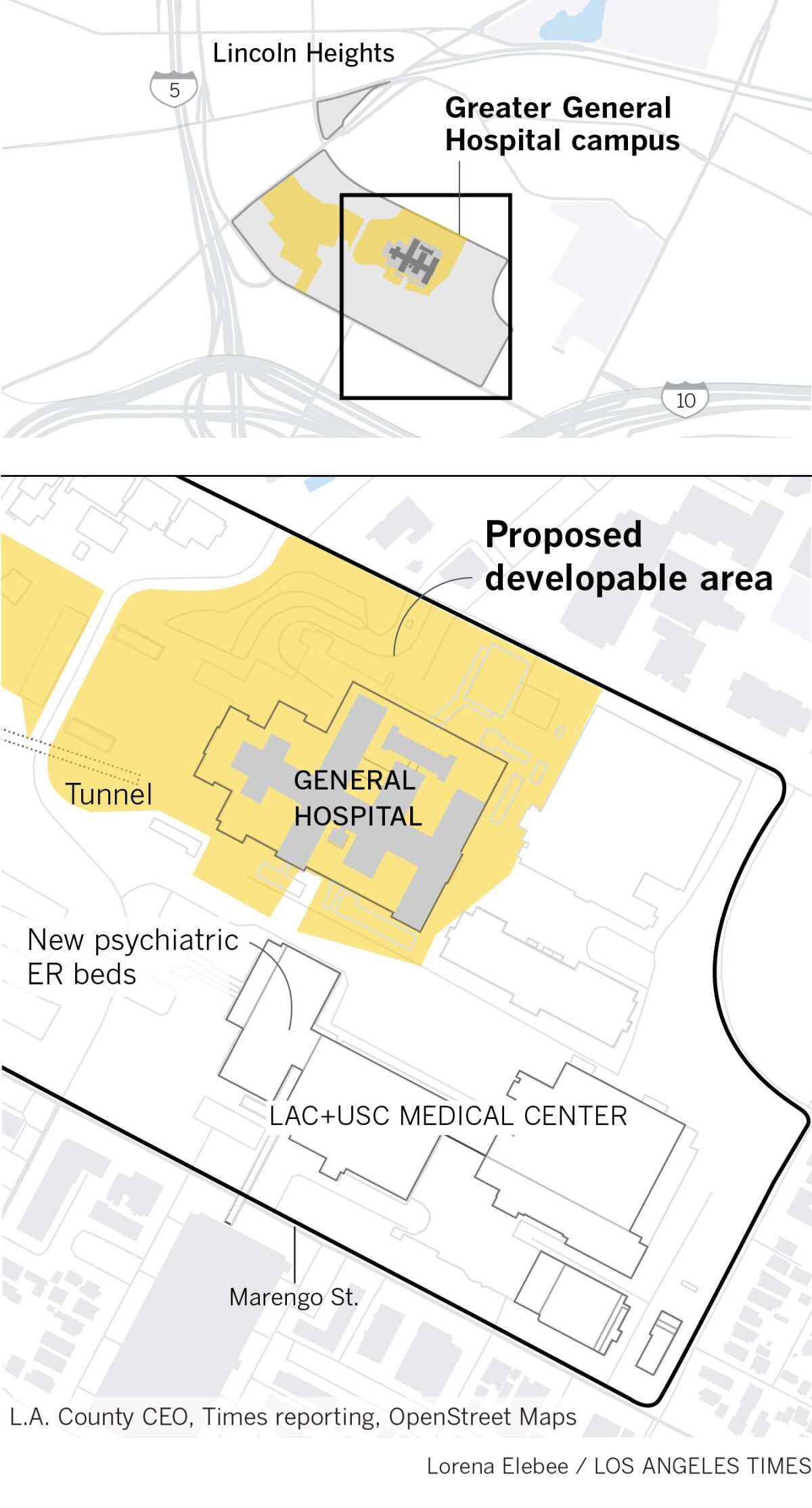 Map showing the developable zone around the historic General Hospital building in Los Angeles.