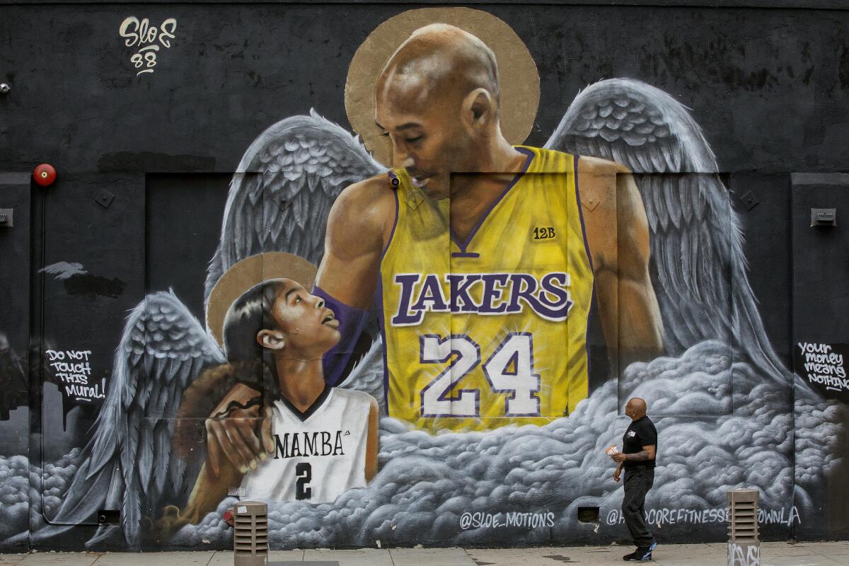 A mural of Kobe Bryant and his daughter Gianna is located on the exterior of Hardcore Fitness L.A. in downtown Los Angeles. 