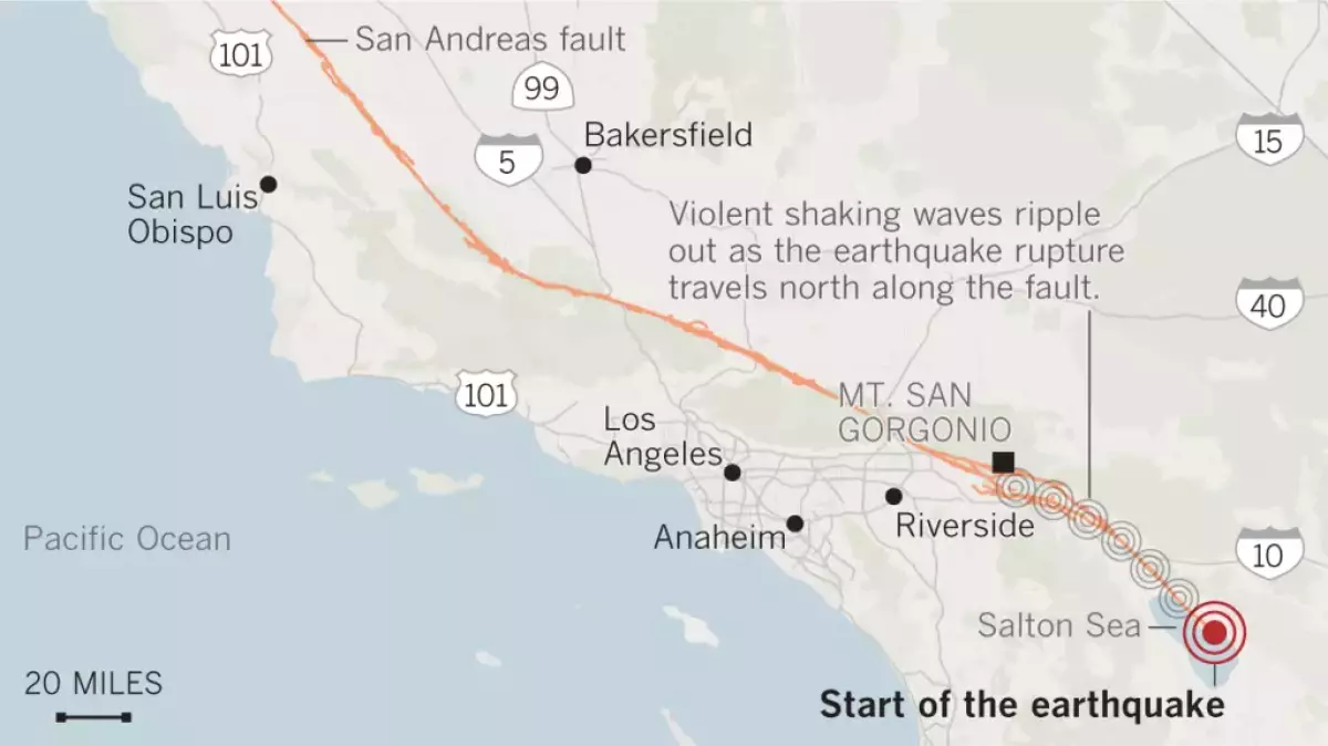 A map shows the route of a potential earthquake.