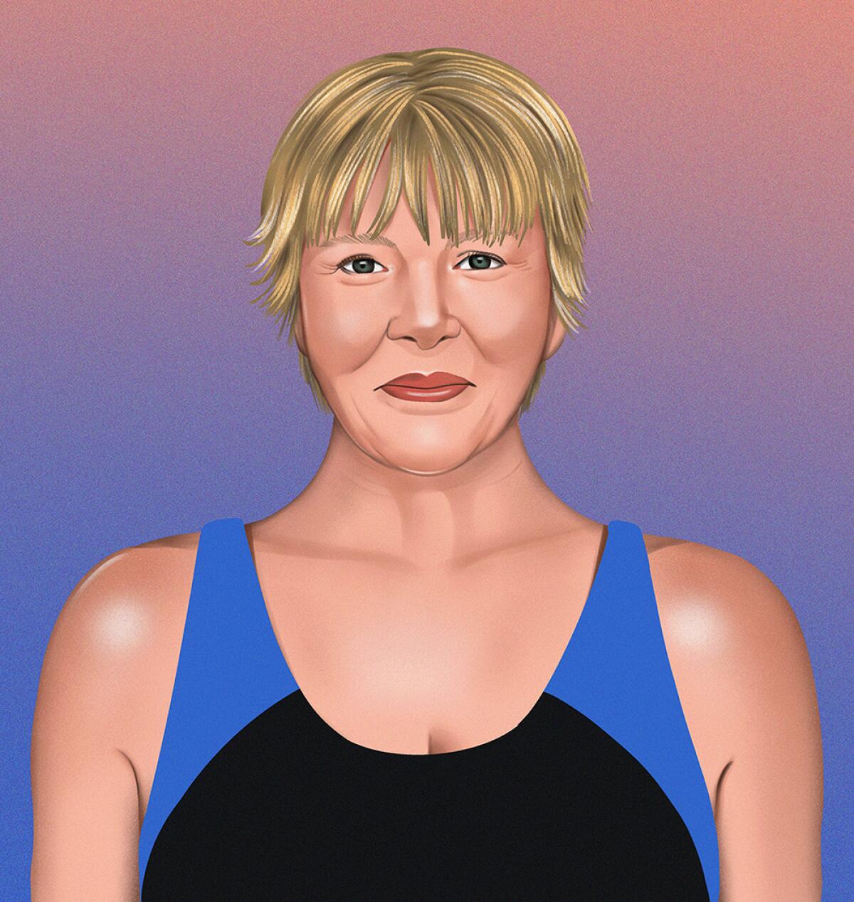 Illustration of Annette Bening in a swimsuit looking like her title character in "Nyad."