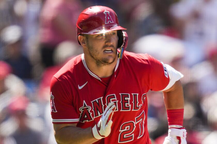 Angels' Mike Trout singles against the Chicago White Sox on  June 29, 2023, in Anaheim.