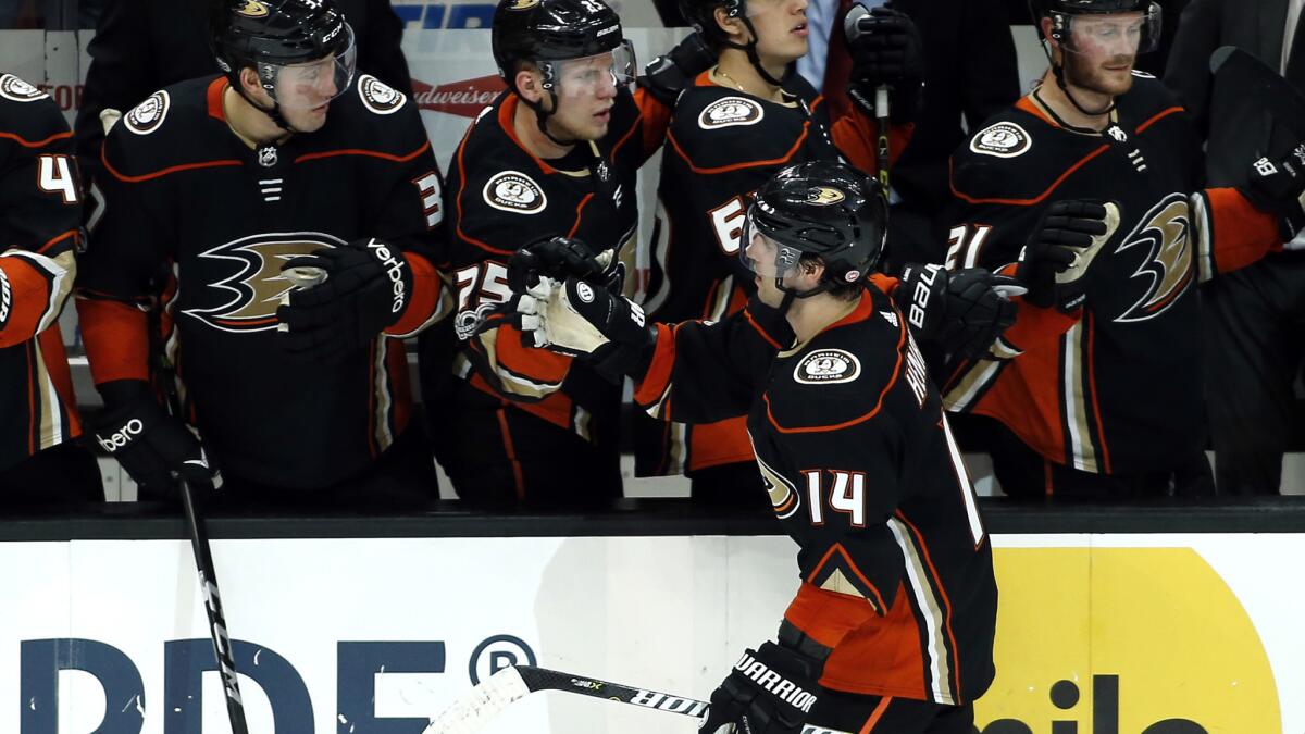 Ducks center Adam Henrique (14) has registered a point in five consecutive games.