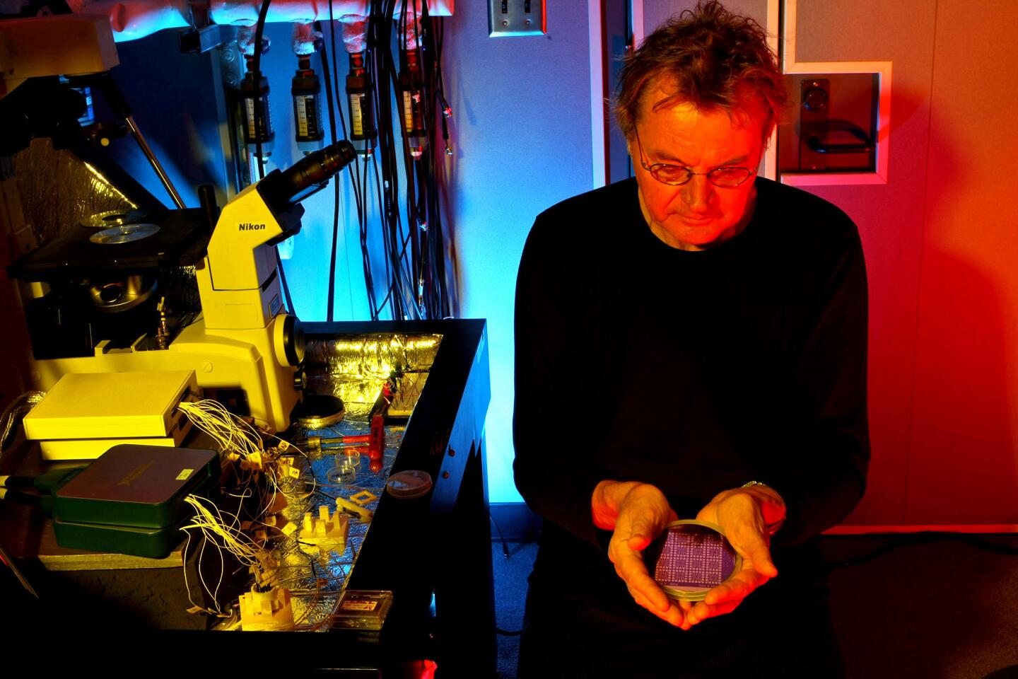 UCLA chemistry professor Jim Gimzewski holds a petri dish containing one of the chips he hopes has the computational power of the brain.