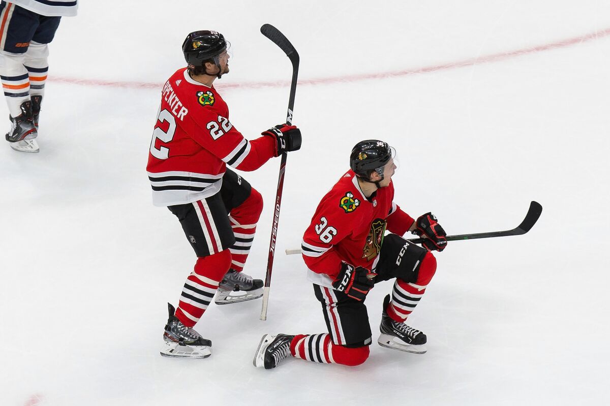 Chicago Blackhawks' Ryan Carpenter (22) and Matthew Highmore (36) celebrate a goal against the Edmonton Oilers during the third period of an NHL hockey playoff game Wednesday, Aug. 5, 2020, in Edmonton, Alberta. (Codie McLachlan/The Canadian Press via AP)