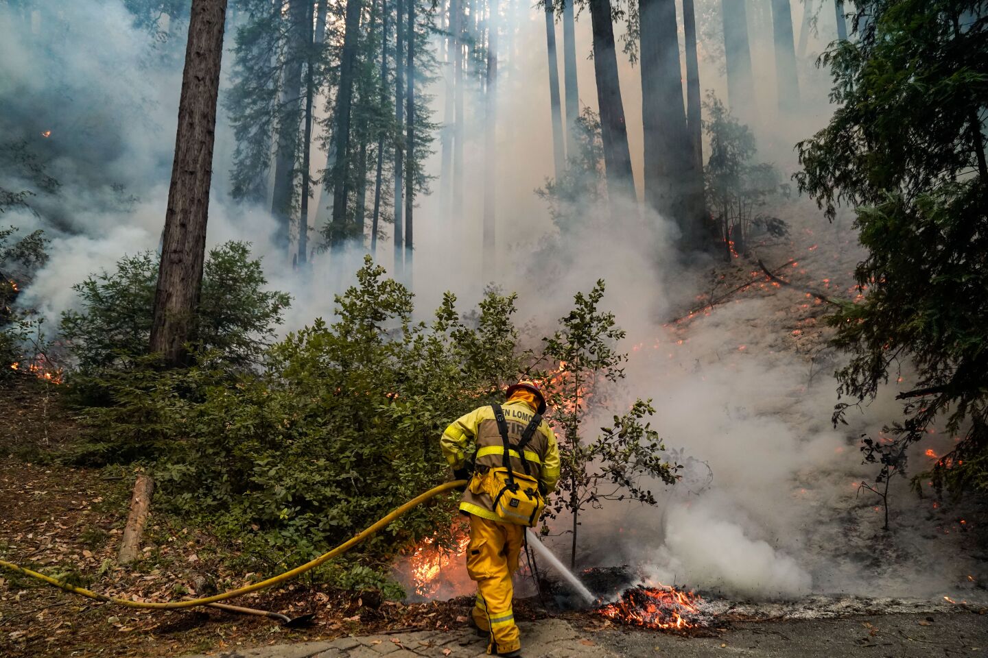 Ben Lomond firefighters work on a blaze at The Sequoia Retreat Center during the CZU August Lightning Complex Fires on Friday.