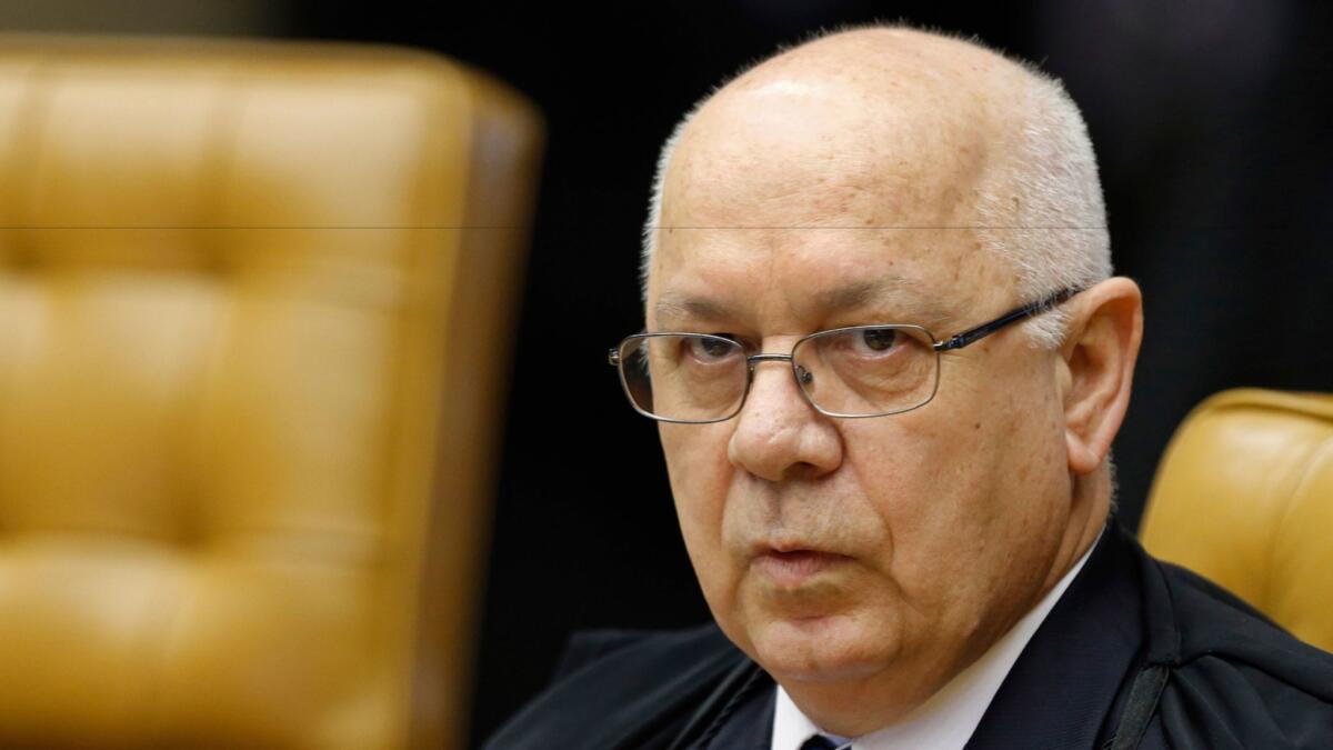 Justice Teori Zavascki attends a session of the Supreme Court in Brasilia, Brazil, in 2015.