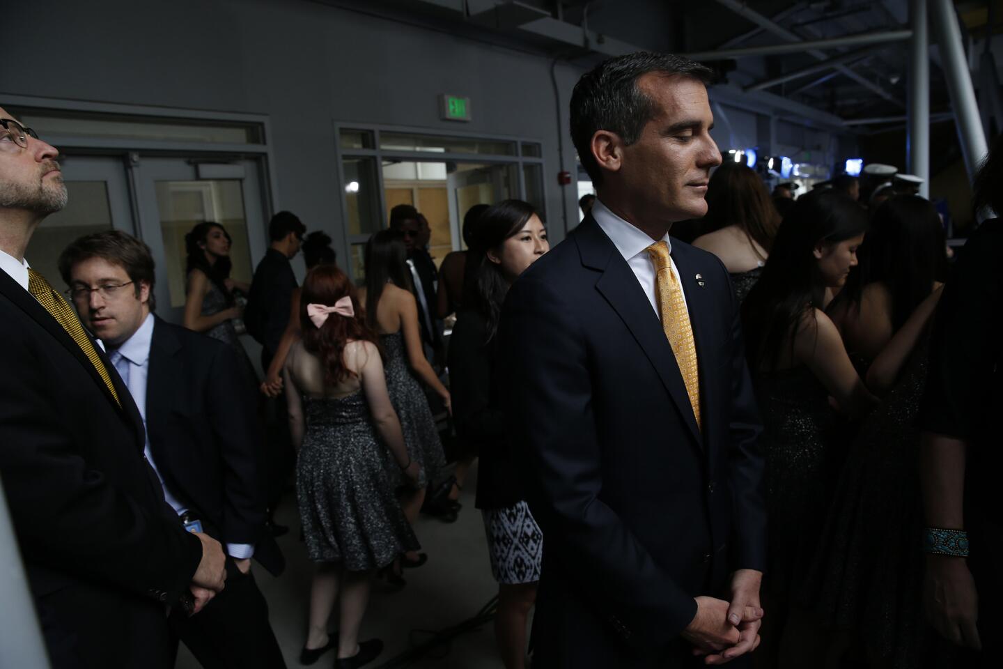 Mayor Eric Garcetti pauses backstage moments before delivering his first State of the City address in the Wallis Annenberg Building at the California Science Center.