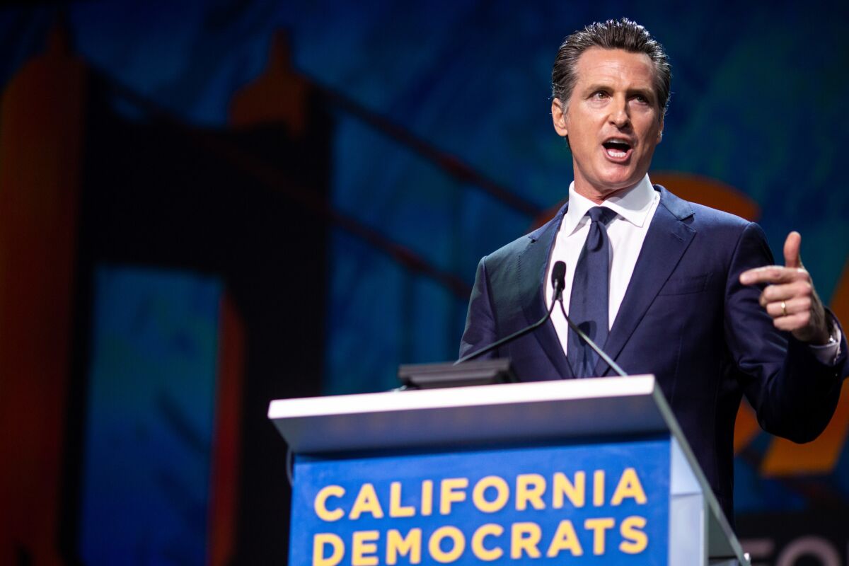 Gov. Gavin Newsom addresses the General Session of the 2019 California State Democratic Party Convention at Moscone Center on June 1 in San Francisco.