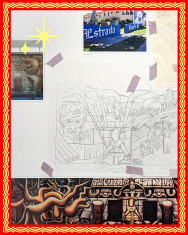 Collage of sketches and photos of different murals
