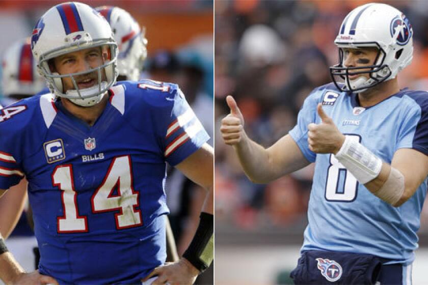 Ryan Fitzpatrick, left, is the Tennessee Titans' new backup quarterback, a role previously filled by Matt Hasselbeck, the new Indianapolis Colts backup.