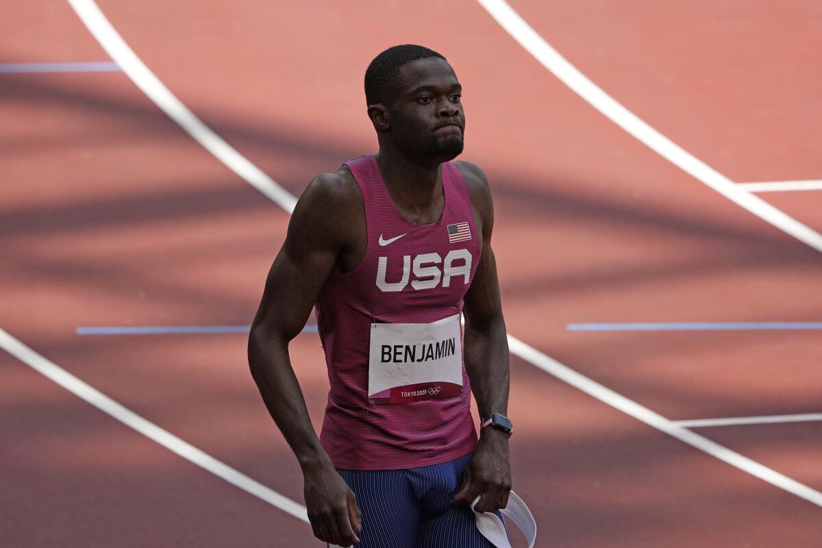 Rai Benjamin of United States reacts after taking silver in the men's 400-meter hurdles.