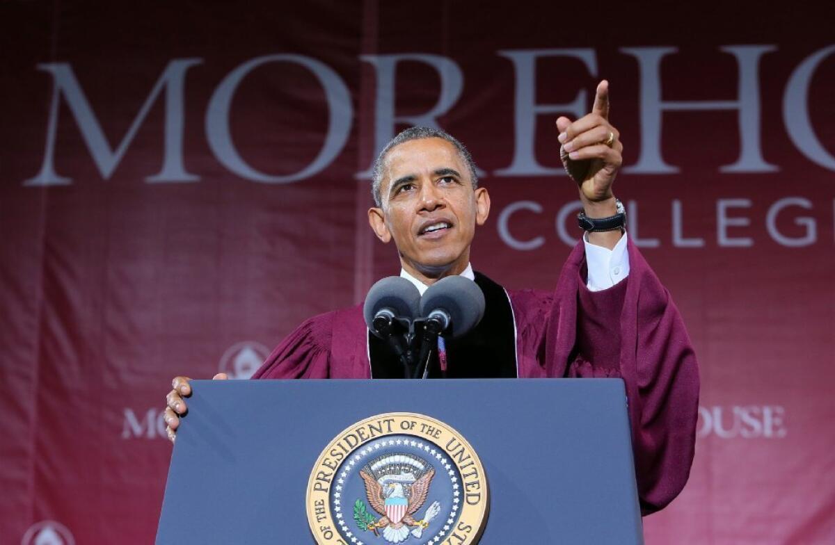 President Obama, seen here speaking to graduates of Morehouse College in Atlanta last year, will deliver the commencement address at UC Irvine on Saturday.