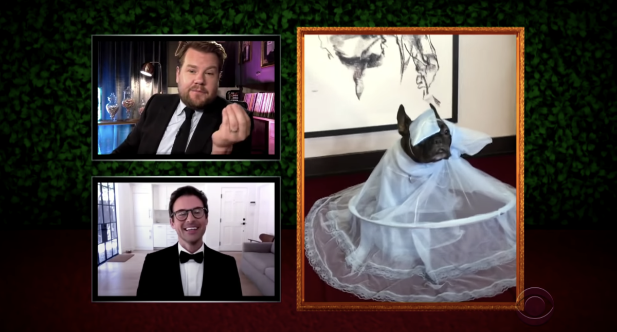 James Corden, top, and stylist Brad Goreski offer commentary on a pet's homemade Pet Gala ensemble on "The Late Late Show."