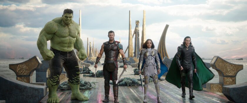 This image released by Marvel Studios shows the Hulk, from left, Chris Hemsworth as Thor, Tessa Thompson as Valkyrie and Tom Hiddleston as Loki in a scene from, "Thor: Ragnarok."