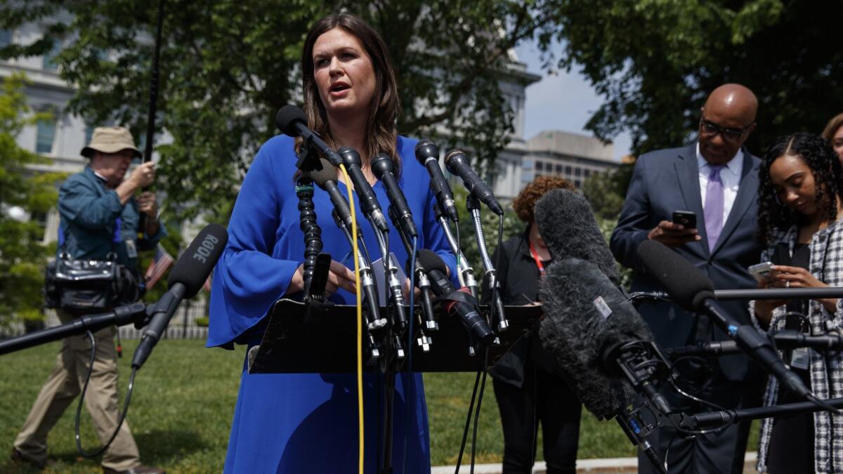 White House Press Secretary Sarah Huckabee Sanders told reporters that President Trump spoke with Russian President Vladimir Putin for more than an hour May 3.