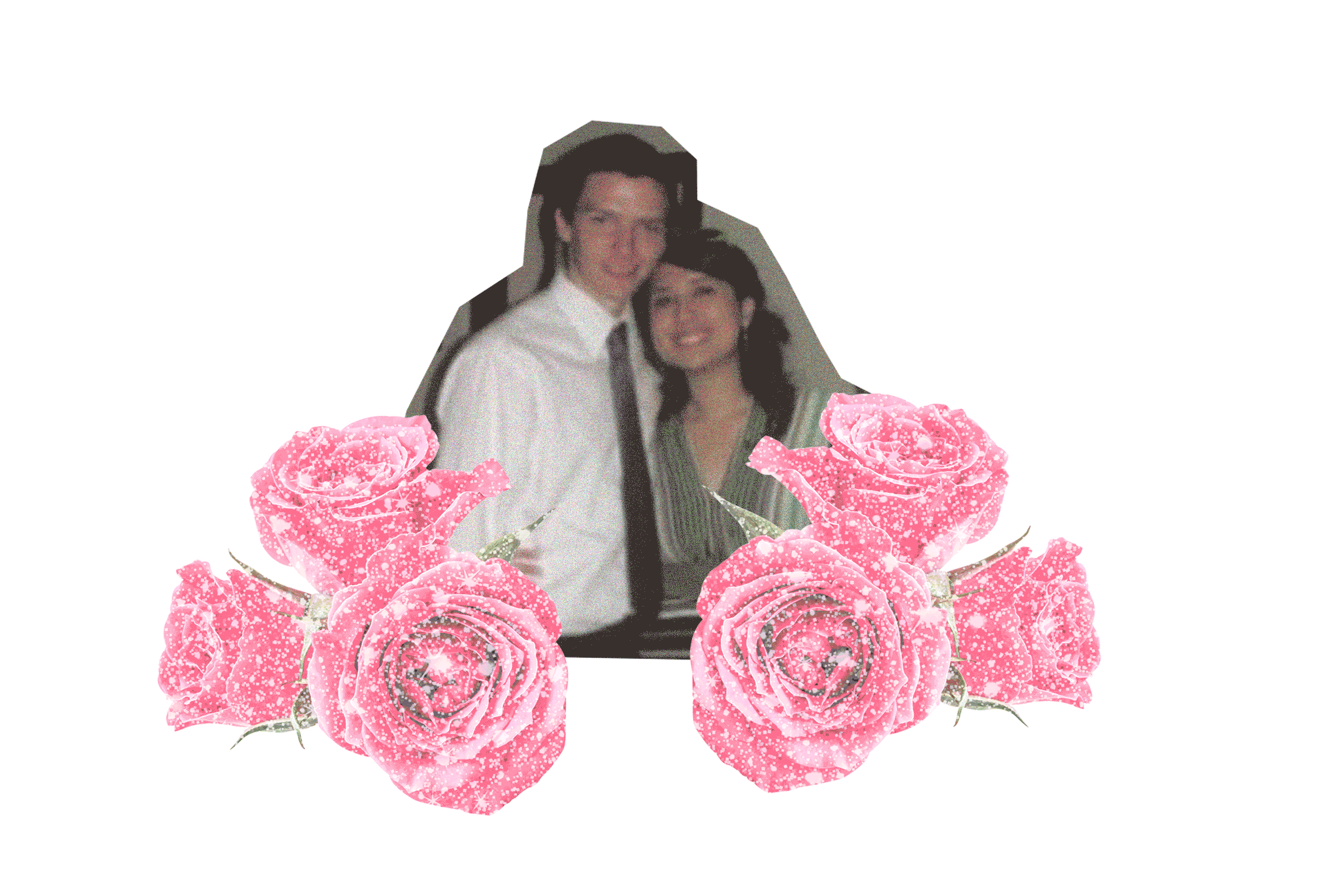 A photo of a couple and sparkly roses
