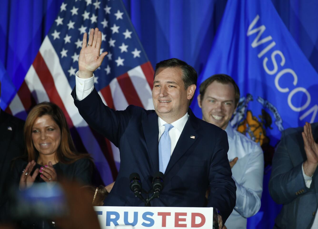 Sen. Ted Cruz, R-Texas, waves during a Milwaukee rally after winning the Republican presidential primary in Wisconsin on April 5, 2016.