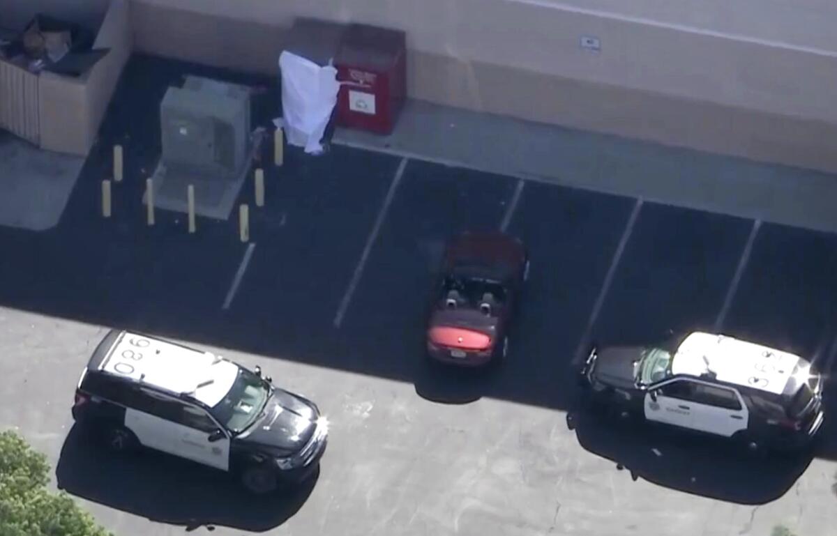 Police cars are near another car in a parking lot, where a woman's body was found in a donation box.