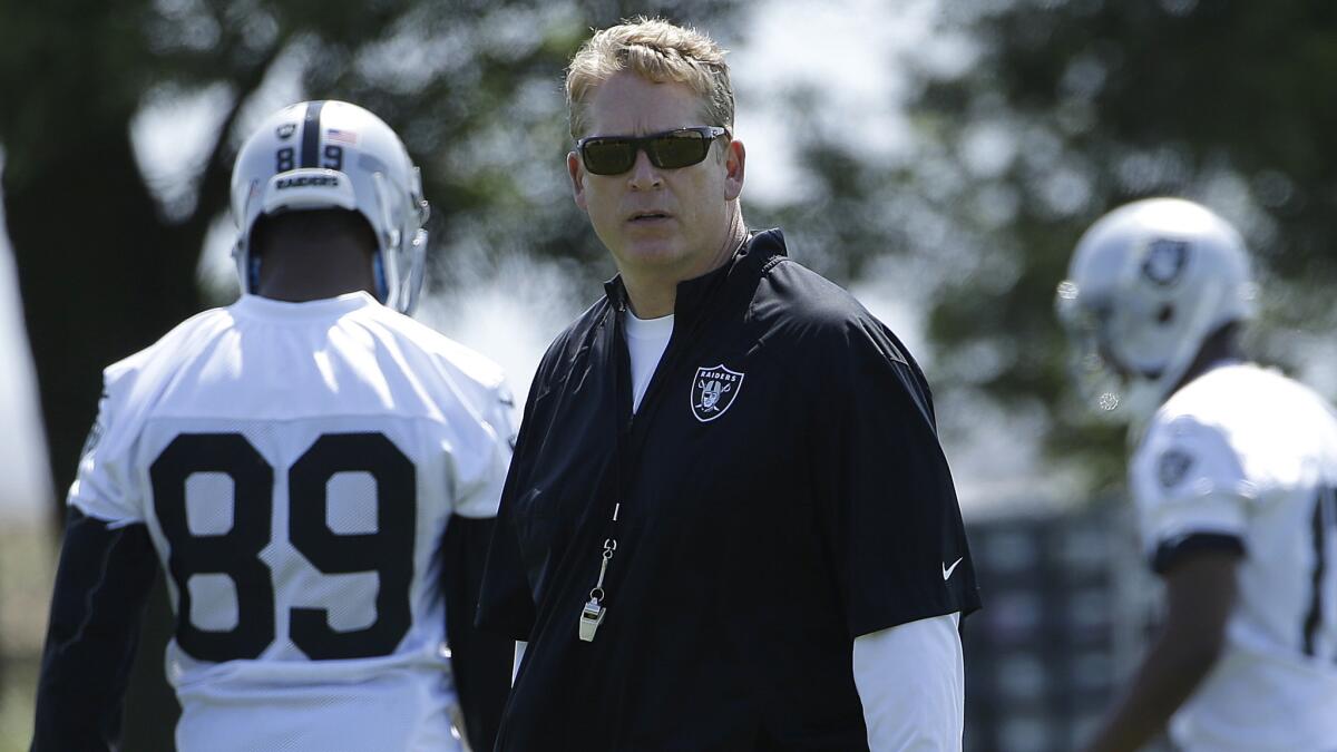 Oakland Raiders Coach Jack Del Rio watches drills during the team's rookie minicamp on May 8, 2015.