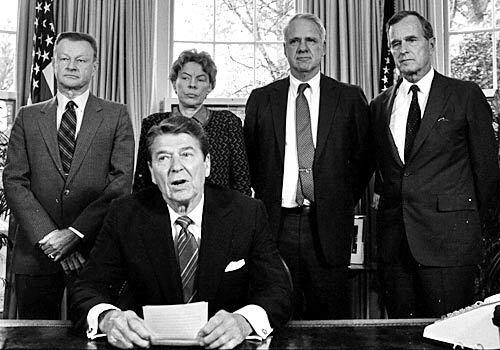 Jeane Kirkpatrick is among conservative leaders meeting President Reagan meets in the Oval Office in 1985.