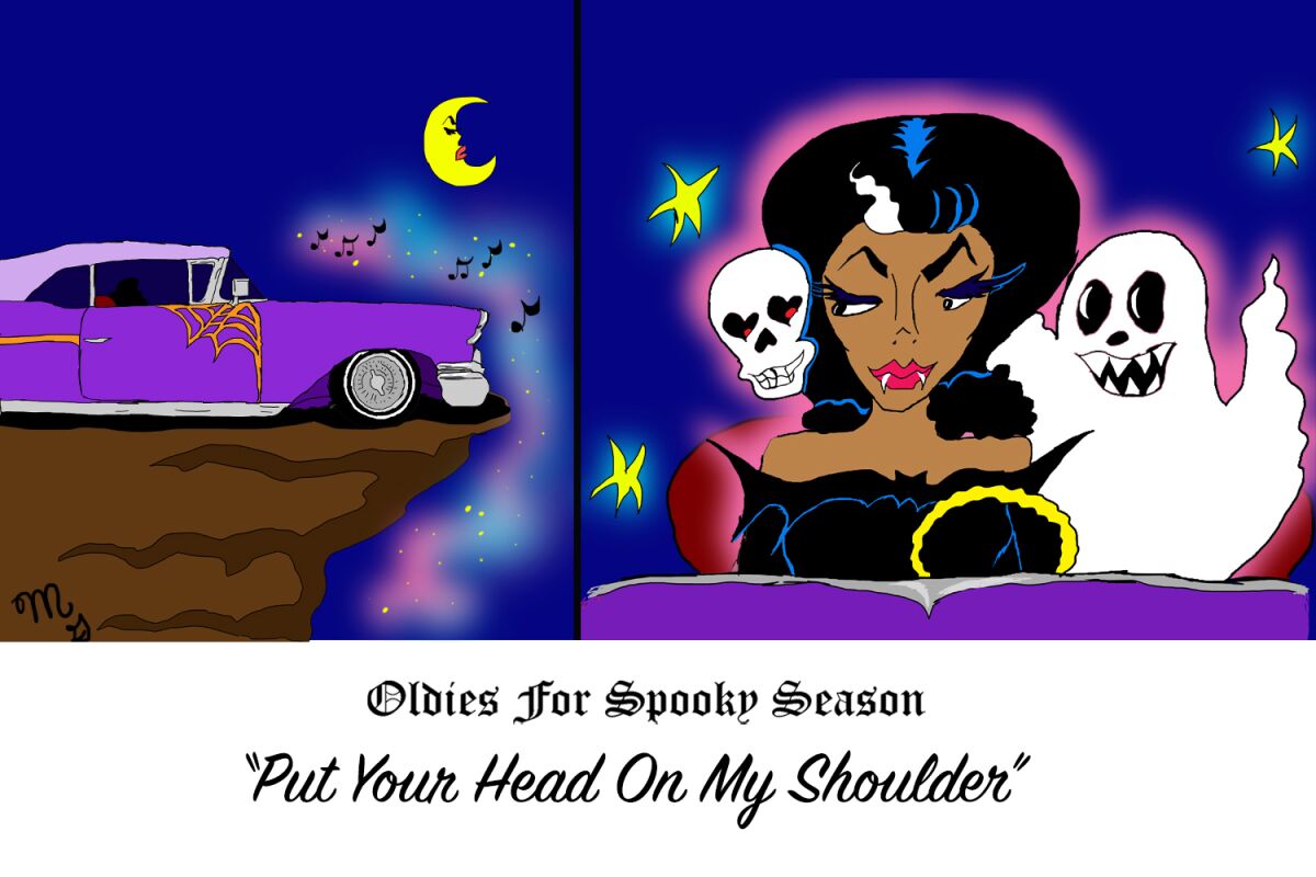 Illustration of a purple car sitting on a cliff's edge, a female vampire and ghosts.