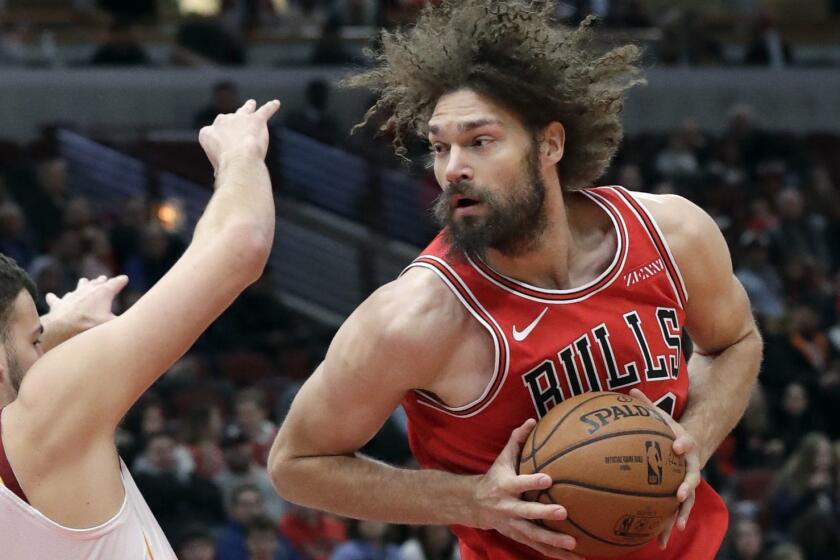 Chicago Bulls center Robin Lopez, right, drives against Cleveland Cavaliers center Ante Zizic during the first half of an NBA basketball game Sunday, Jan. 27, 2019, in Chicago. (AP Photo/Nam Y. Huh)