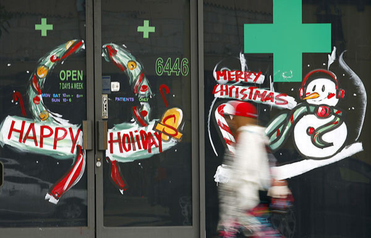 A medical marijuana shop is festively decorated in North Hollywood.
